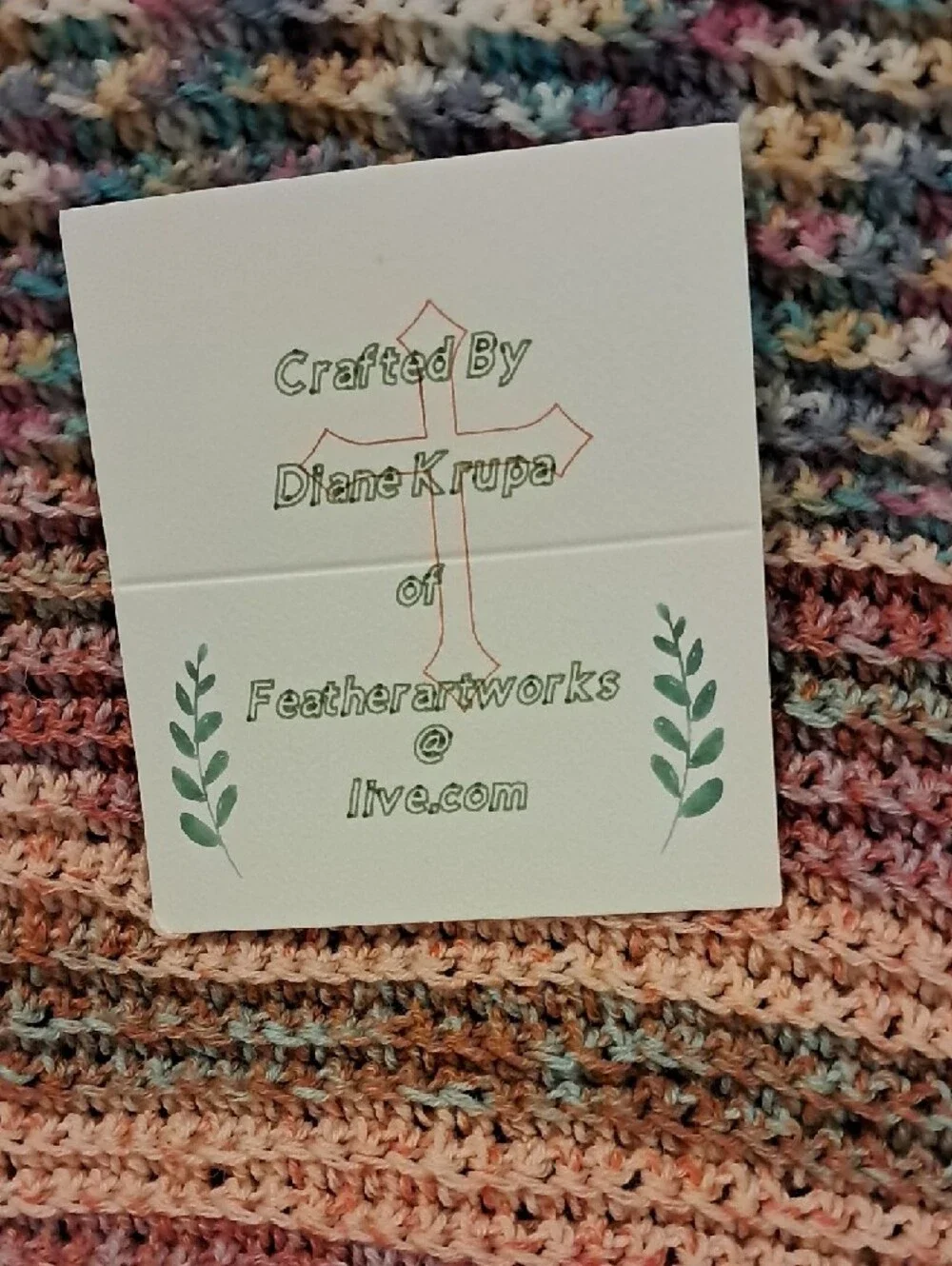 Handmade Multicolor Knit Baby Blanket with Peach Trim